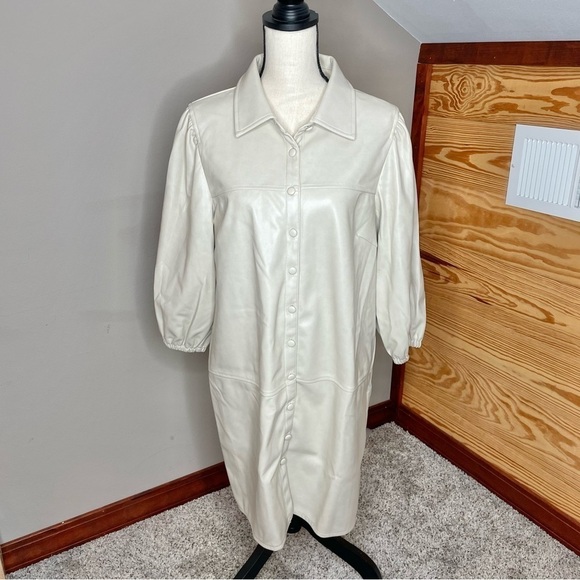 7 For All Mankind Beige Faux Leather Button Up Long Jacket Trench Coat Large - Picture 1 of 11